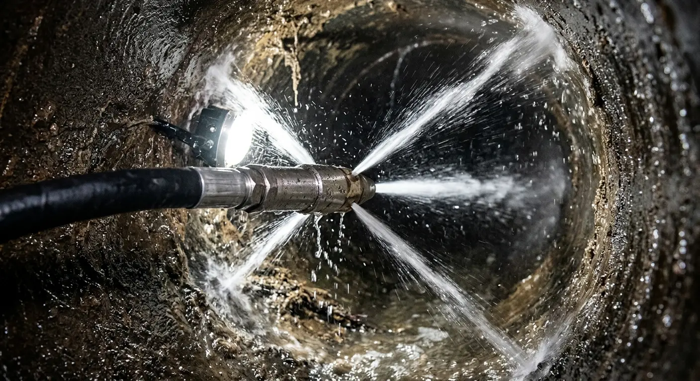 High-pressure hydro jetting nozzle cleaning sewer pipe for Sewer Cleanout in Lealman