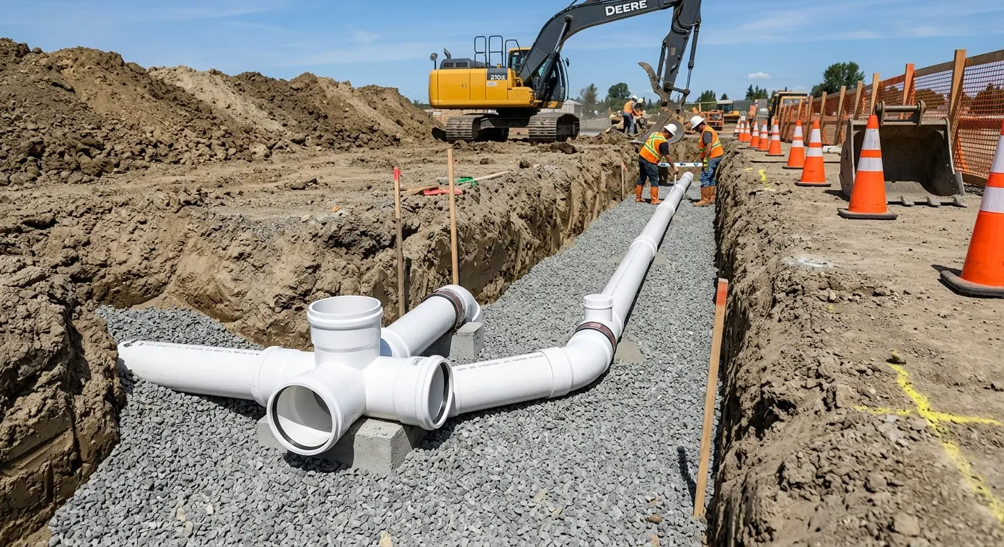 New PVC sewer pipe installation in open trench for Grease Trap Cleaning in Lealman