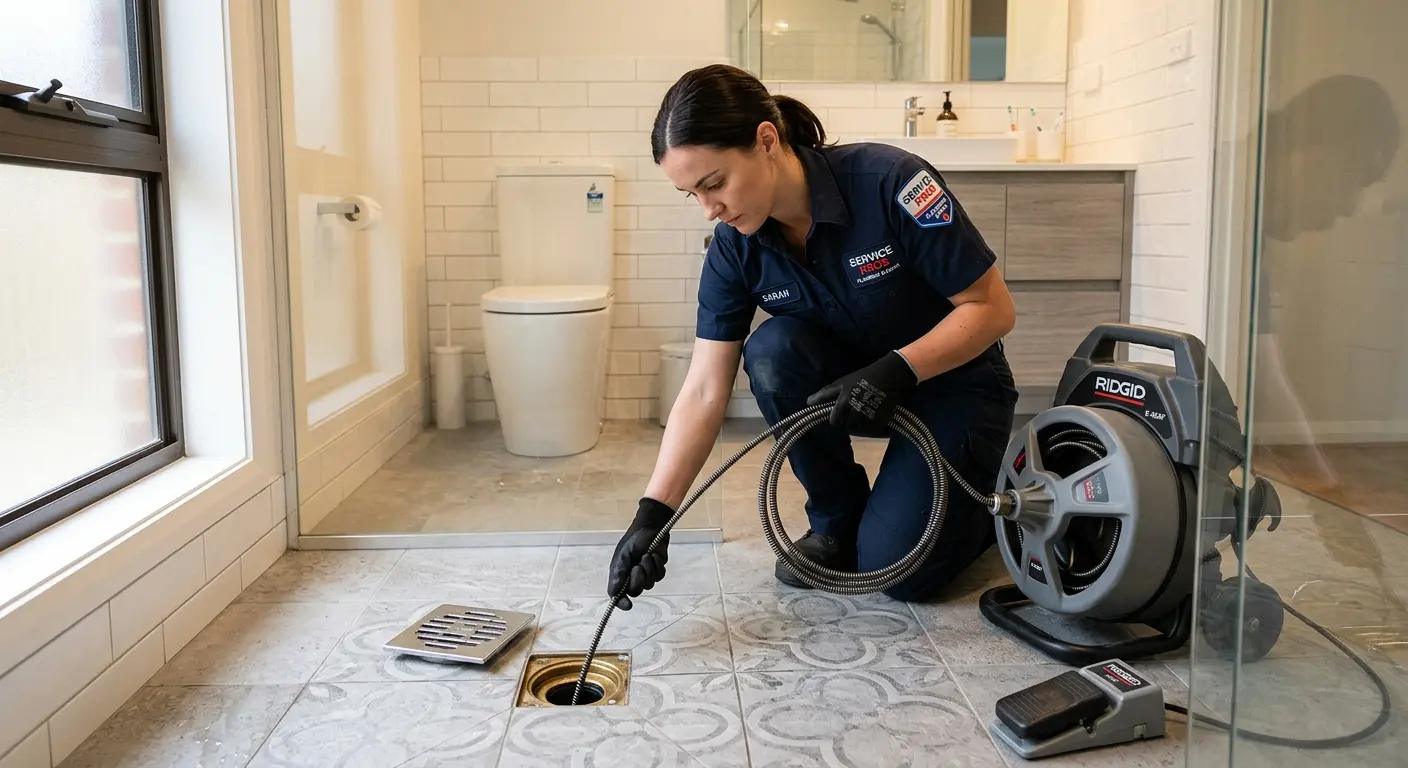 Technician clearing a bathroom floor drain for Drain Repair in Lealman